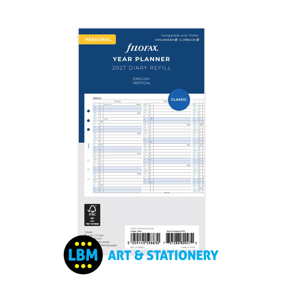 Filofax 2027 Personal Size Year Planner Vertical Diary Refill 27-68402