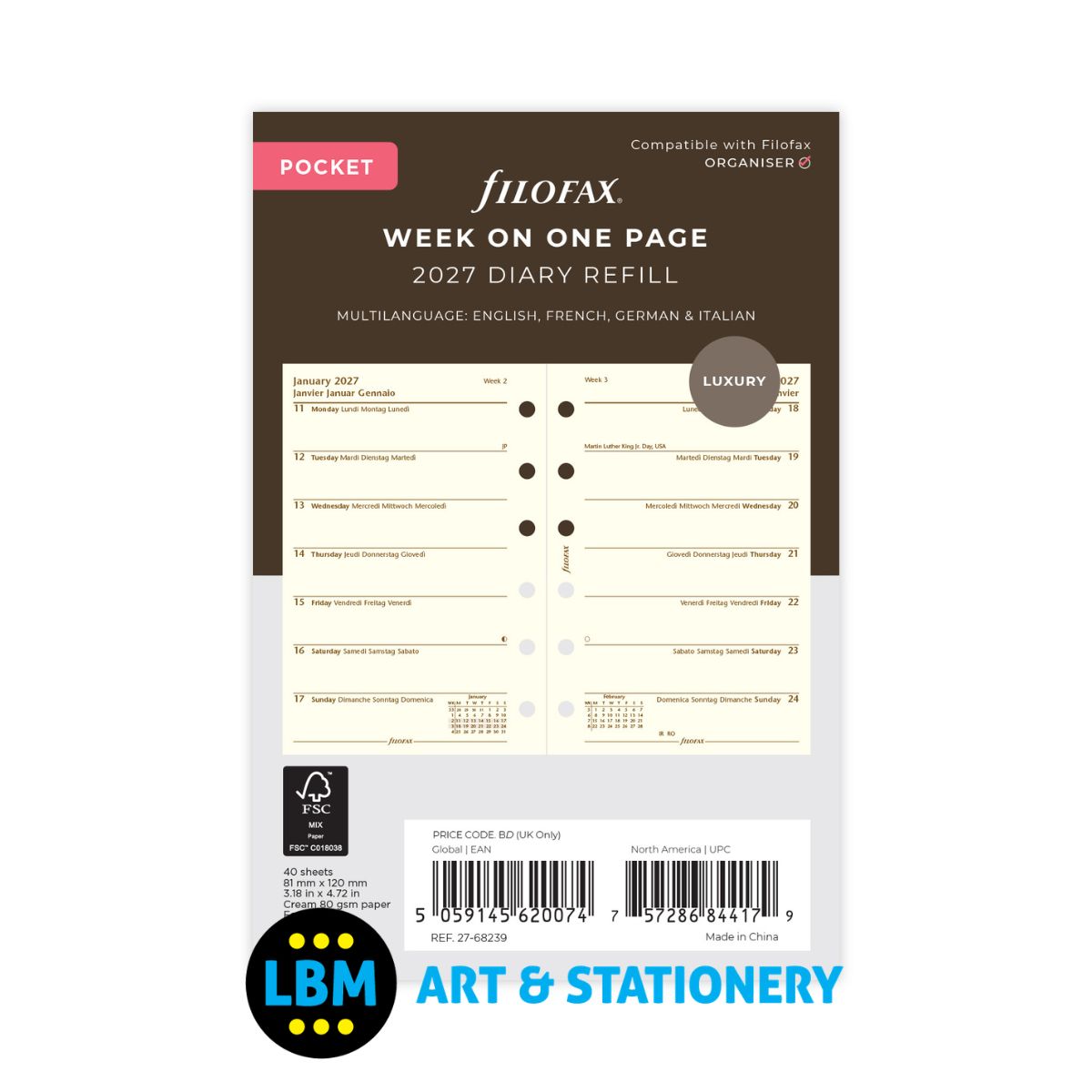 Filofax - 2027 Week On One Page Cotton Cream Diary Refill - Pocket Organiser - 27-68239