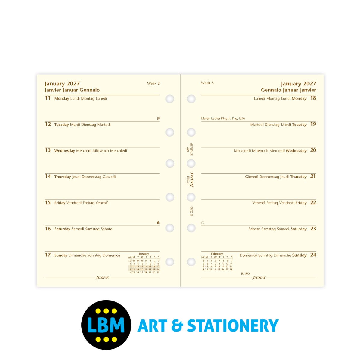 Filofax - 2027 Week On One Page Cotton Cream Diary Refill - Pocket Organiser - 27-68239