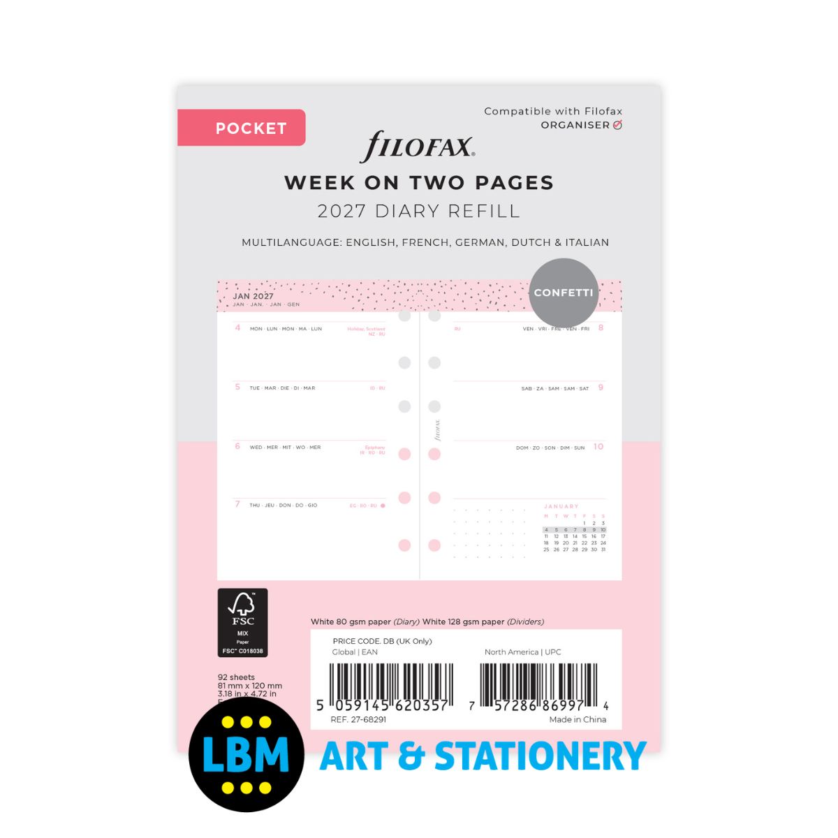 Filofax - 2027 Week On Two Pages Confetti Design Diary Refill - Pocket Organiser - 27-68291