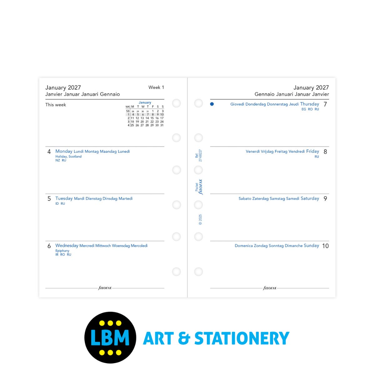 Filofax - 2027 Week On Two Pages Multi Language Diary Refill - Pocket Organiser - 27-68227