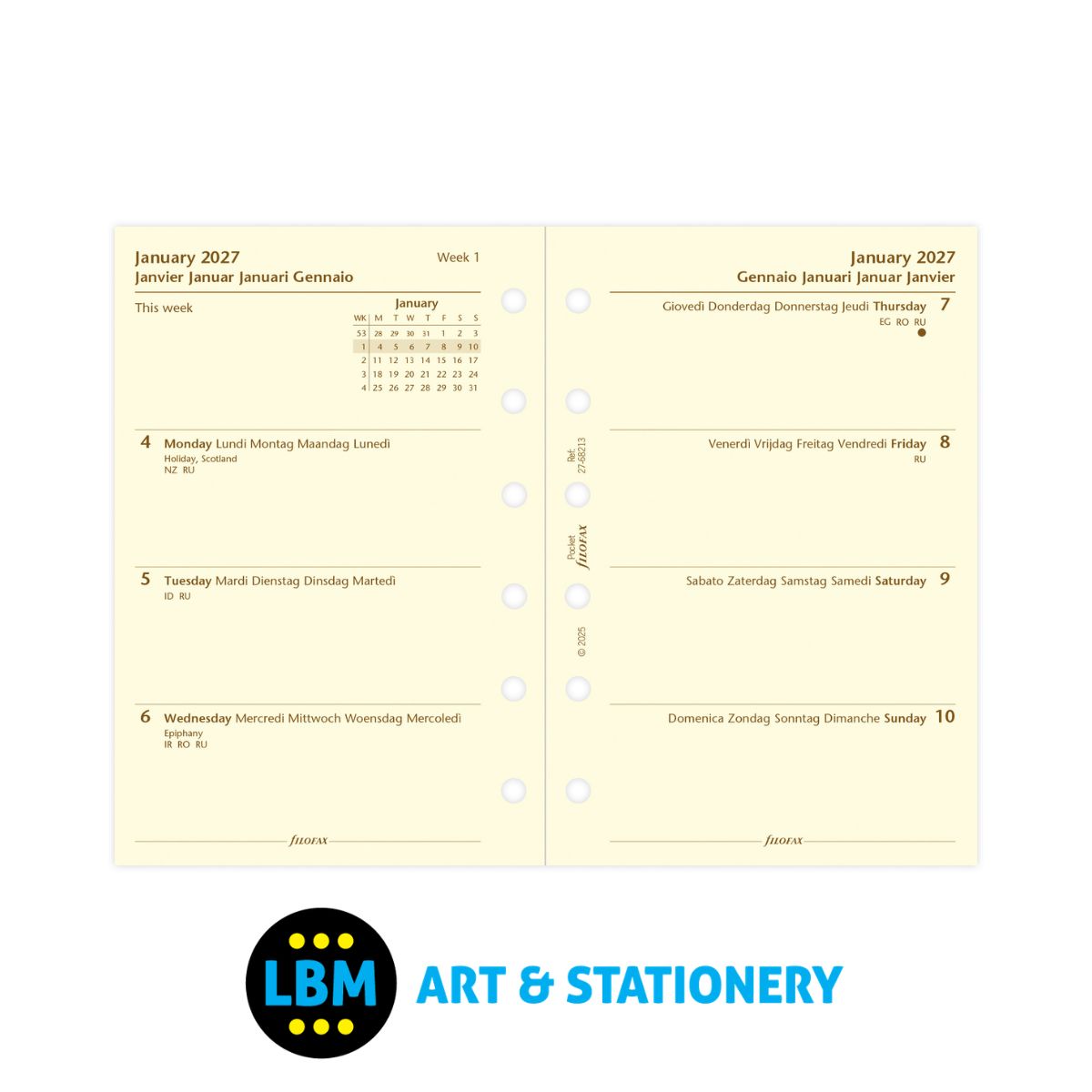 Filofax - 2027 Week On Two Pages Cotton Cream Multi-Language Diary Refill - Pocket Organiser - 27-68213