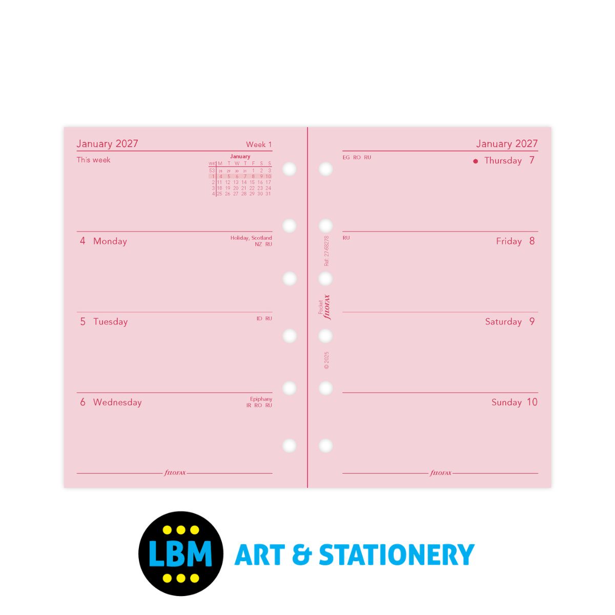 Filofax - 2027 Week On Two Pages Pink Diary Refill - Pocket Organiser - 27-68278