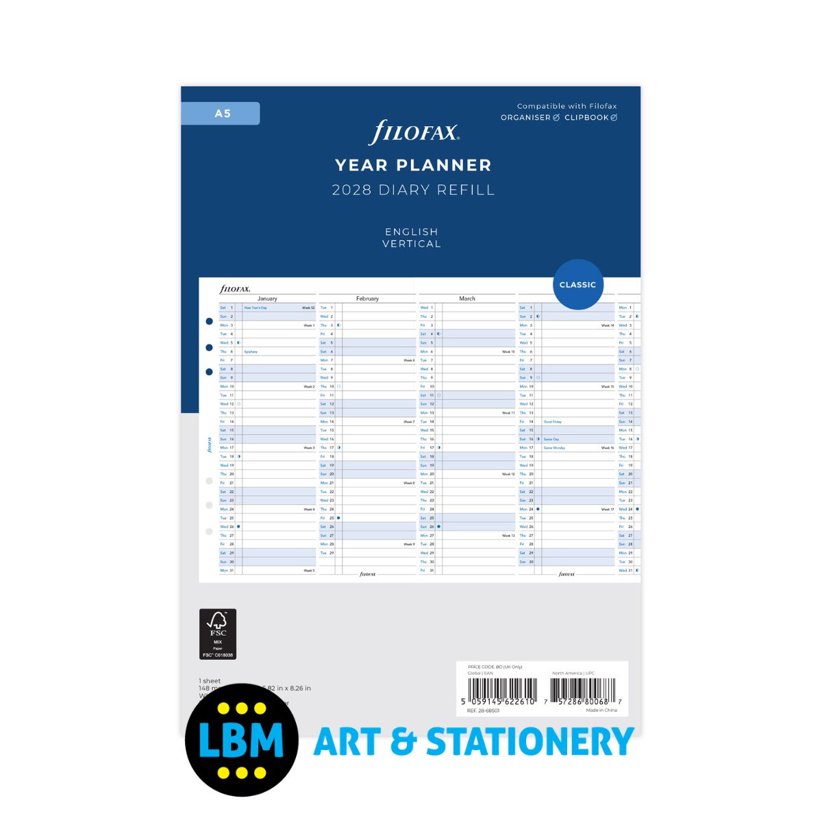Filofax - 2028 Year Planner Vertical Layout Diary Refill - A5 Organiser - 28-68501