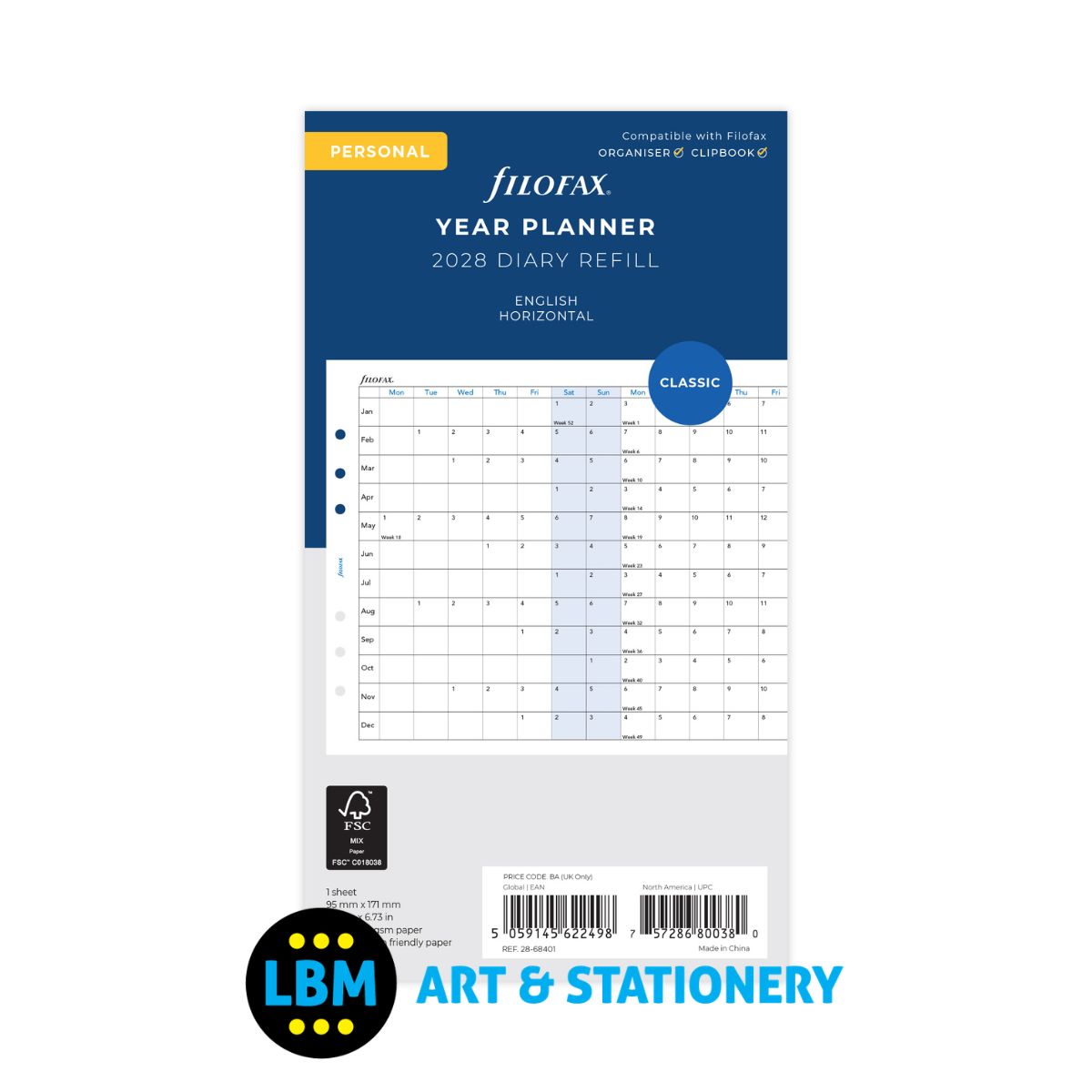 Filofax - 2028 Year Planner Horizontal Format Diary Refill - Personal Organiser - 28-68401