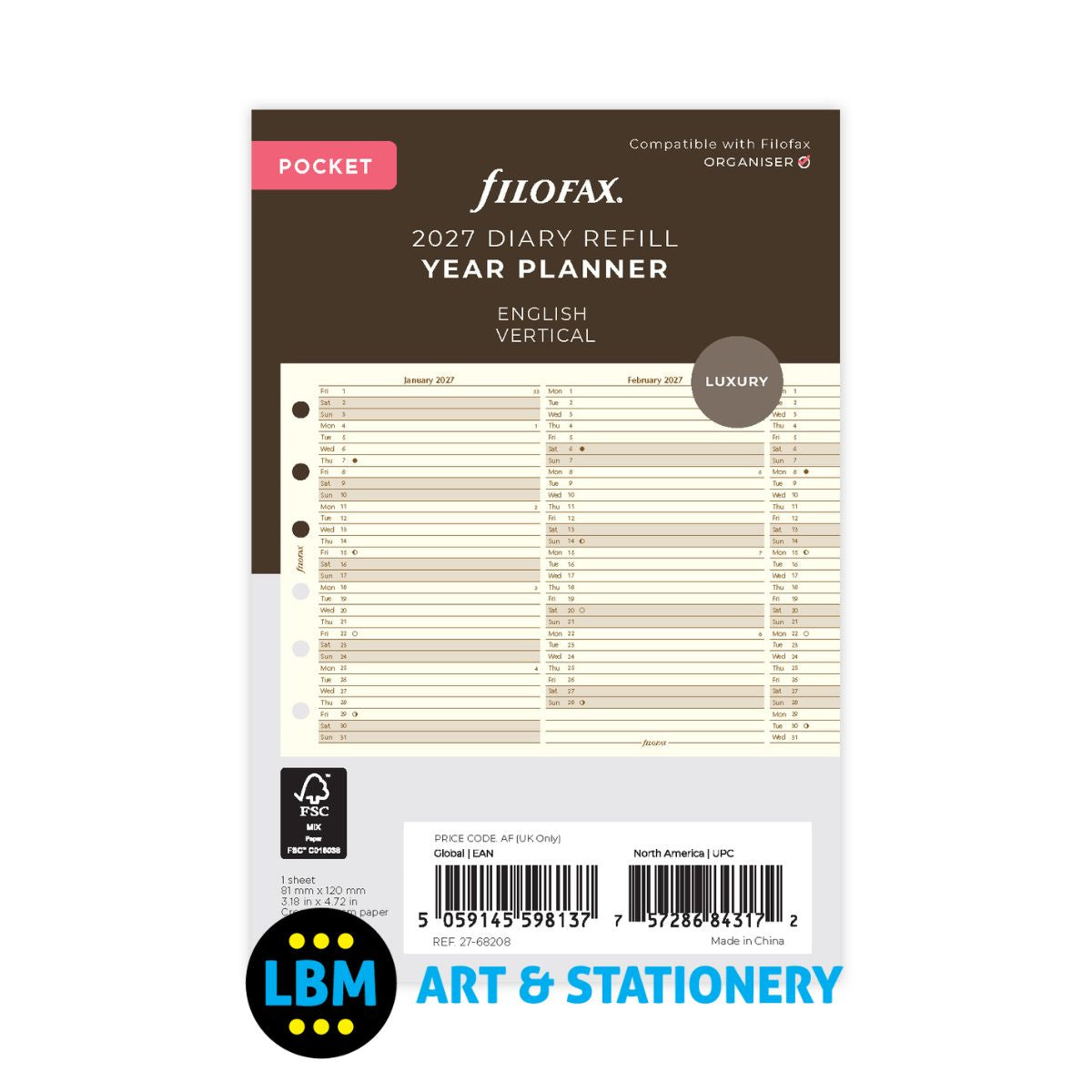 Filofax 2027 Pocket size Year Planner Vertical Cotton Cream 27-68208