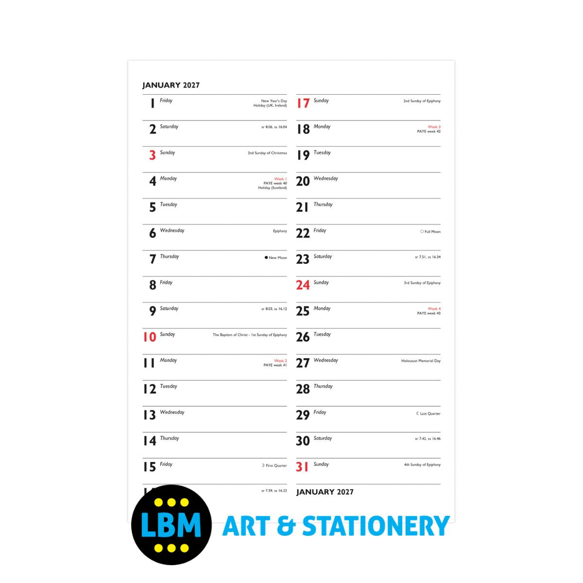 Letts - Business Monthly Tablet Wall Calendar 2027