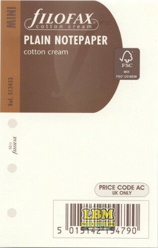 Filofax - Mini size Cotton Cream Plain Blank Notepaper Organiser Refill 512453 - LBM Art & Stationery Store