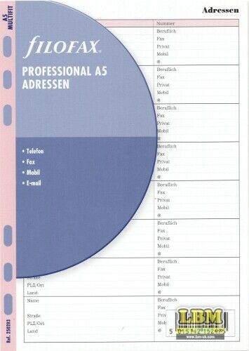 Filofax - A5 size German Text Addresses Refill Insert 250203 - LBM Art & Stationery Store