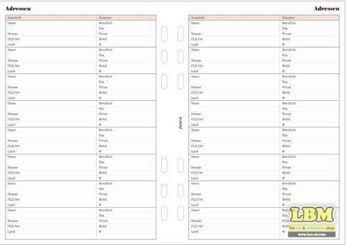 Filofax - A5 size German Text Addresses Refill Insert 250203 - LBM Art & Stationery Store