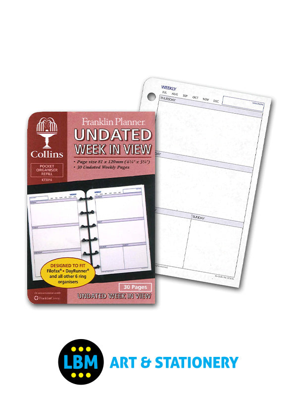 Collins - Pocket size Undated Week In View Diary Insert Organiser Refill KT3016 - LBM Art & Stationery Store