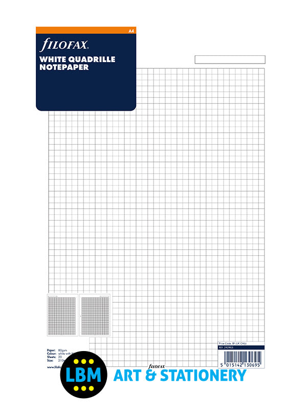 Filofax - A4 size White Quadrille Squared Notepaper Refill Insert 292905 - LBM Art & Stationery Store