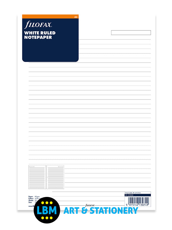 Filofax - A4 size White Ruled Lined Notepaper Organiser Refill 293008 - LBM Art & Stationery Store