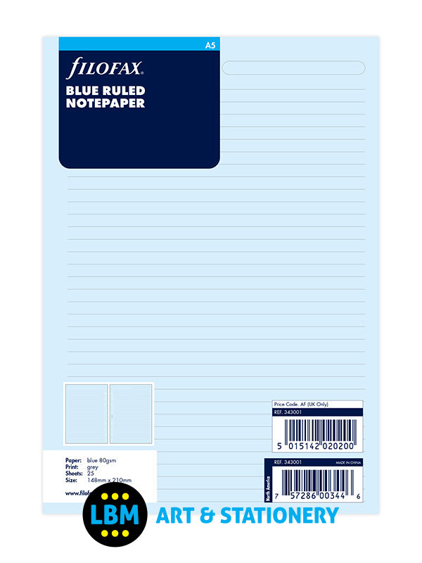 Filofax - A5 size Blue Ruled Lined Notepaper Refill Insert 343001 - LBM Art & Stationery Store