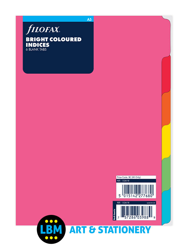 Filofax - A5 size Bright Coloured Index 6-Part Blank Tab Divider Refill 132618 - LBM Art & Stationery Store
