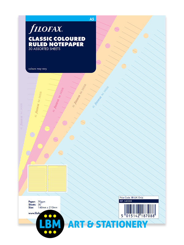 Filofax - A5 size Classic Coloured Ruled Notepaper Assorted Refill 340508 - LBM Art & Stationery Store