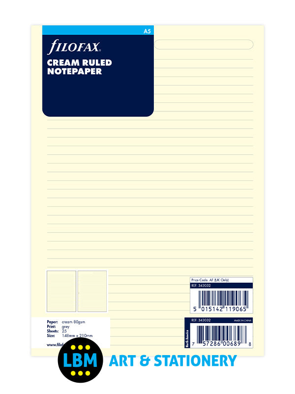 Filofax - A5 size Cream Ruled Lined Notepaper Organiser Refill 343032 - LBM Art & Stationery Store