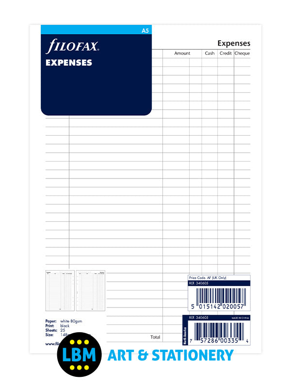 Filofax - A5 size Expenses Notepaper Organiser Refill 340605 - LBM Art & Stationery Store