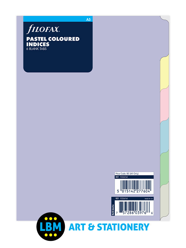 Filofax - A5 size Index Pastel Coloured 6-Part Blank Tab Divider Refill 132614 - LBM Art & Stationery Store