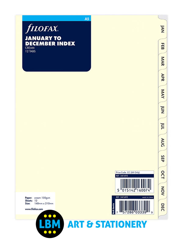 Filofax - A5 size January to December Index Cream Divider Organiser Refill 341693 - LBM Art & Stationery Store