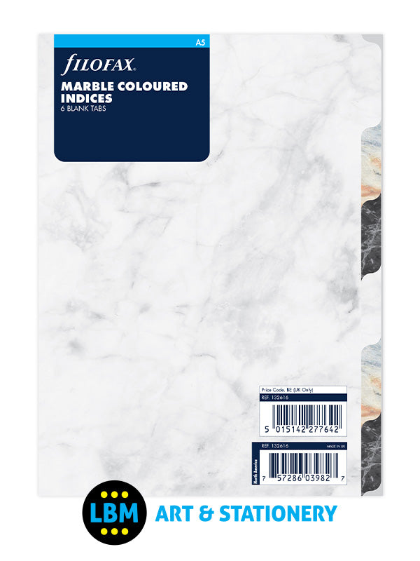 Filofax - A5 size Marble Coloured Index 6-Part Blank Tab Divider Refill 132616 - LBM Art & Stationery Store
