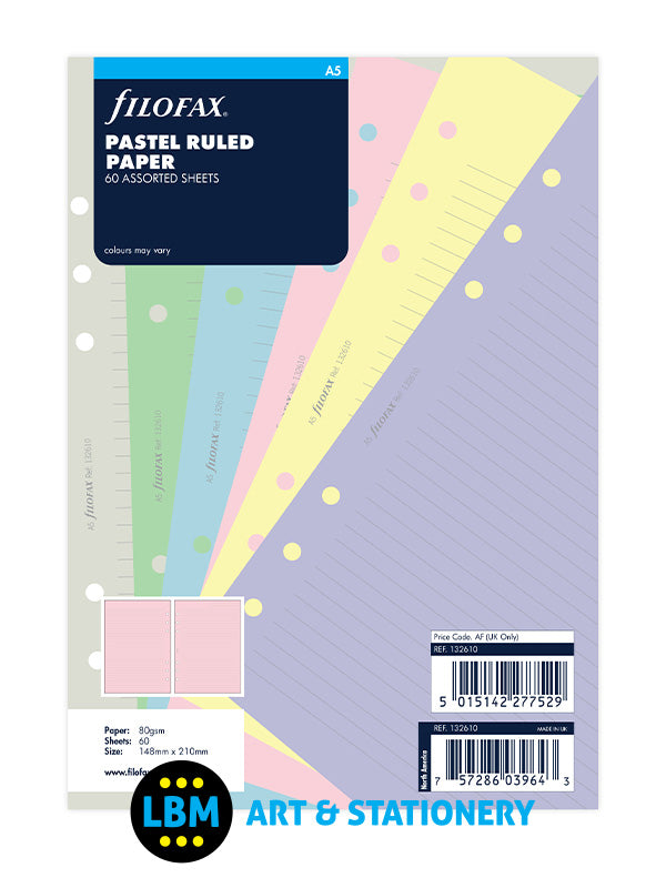 Filofax - A5 size Pastel Ruled Paper Assorted Colours Organiser Refill 132610 - LBM Art & Stationery Store