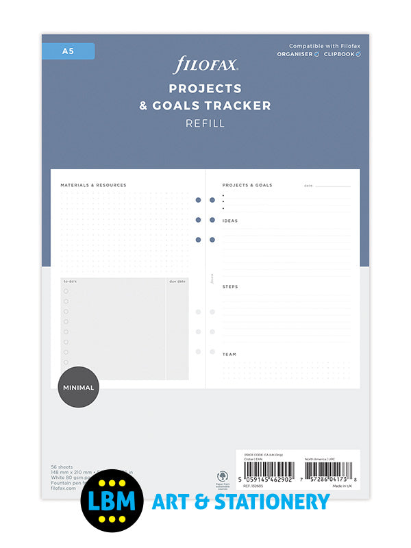 Filofax - A5 size Projects & Goals Tracker Notepaper Organiser Refill 132685 - LBM Art & Stationery Store