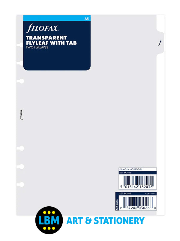 Filofax - A5 size Transparent Flyleaf with Tab Insert Refill Pack of 2 343613 - LBM Art & Stationery Store