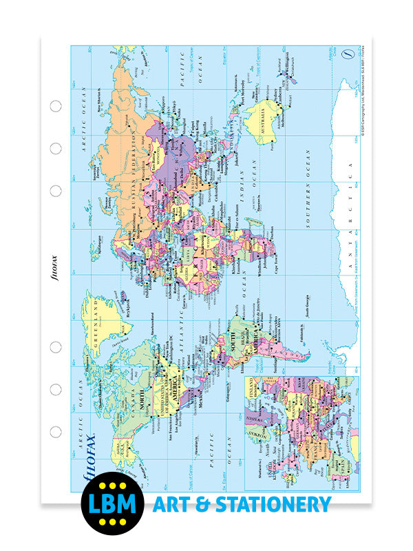 Filofax - A5 size World Map Organiser Refill 341904 - LBM Art & Stationery Store