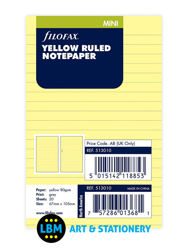 Filofax - Mini size Yellow Ruled Lined Notepaper Organiser Refill 513010 - LBM Art & Stationery Store