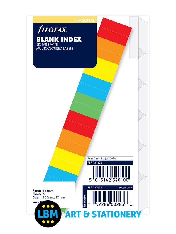 Filofax - Personal size 6-Part Insertable Blank Index with Labels Refill 131624 - LBM Art & Stationery Store