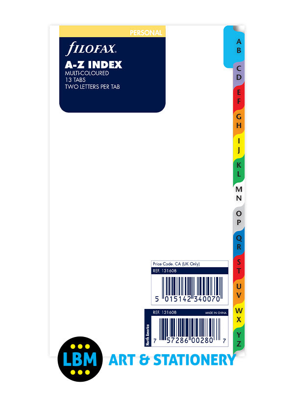 Filofax - Personal size A-Z Index Multi Coloured Divider Organiser Refill 131608 - LBM Art & Stationery Store