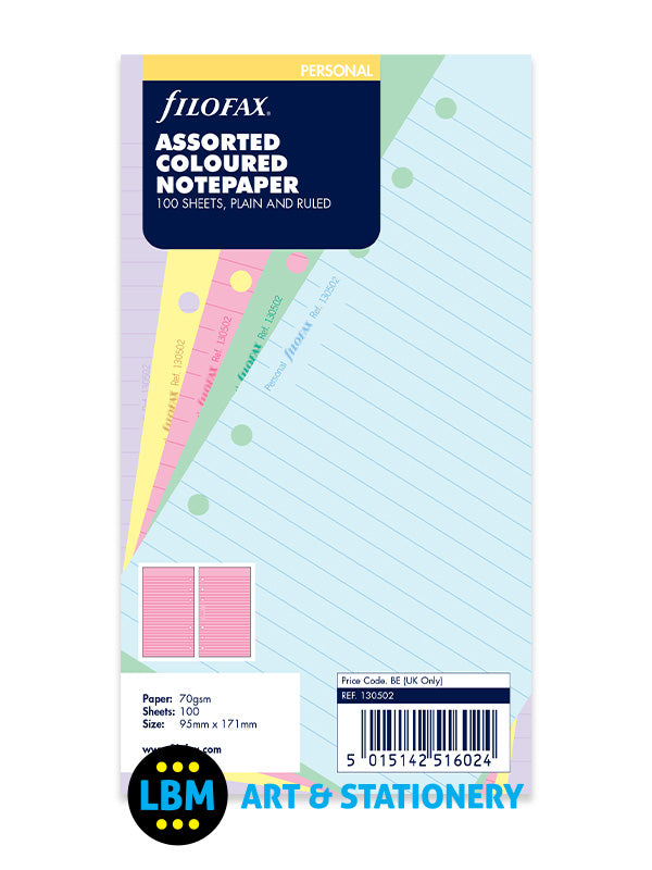 Filofax - Personal size Assorted Coloured Notepaper Plain & Ruled Refill 130502 - LBM Art & Stationery Store