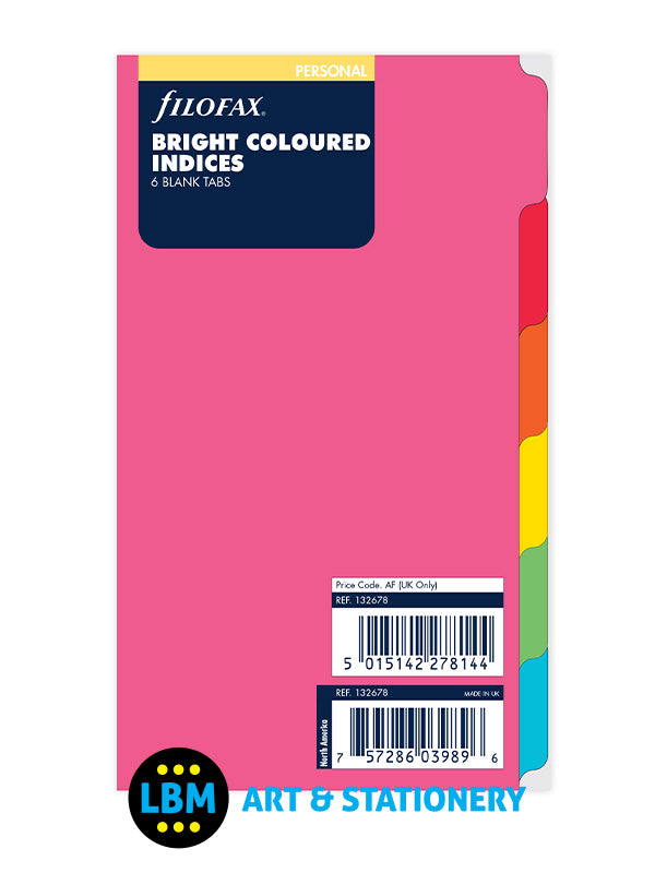 Filofax - Personal size Bright Coloured 6 Blank Tabs Indices Insert Refill 132678 - LBM Art & Stationery Store