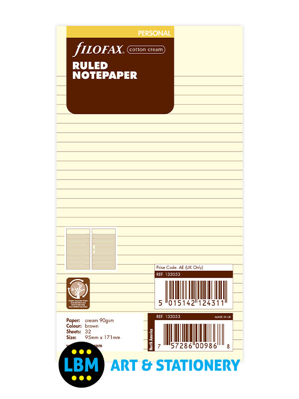 Filofax - Personal size Cotton Cream Ruled Lined Notepaper Insert Refill 133053 - LBM Art & Stationery Store