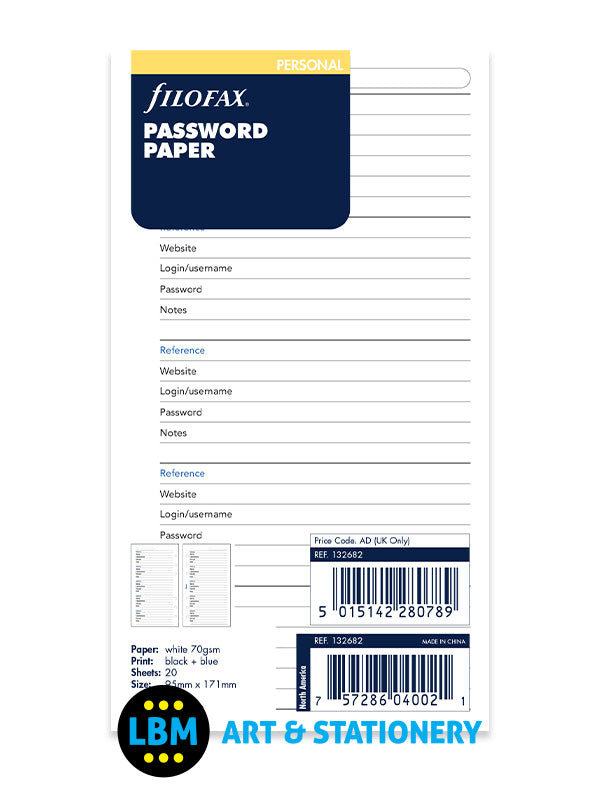 Filofax - Personal size Password Paper Organiser Refill 132682 - LBM Art & Stationery Store