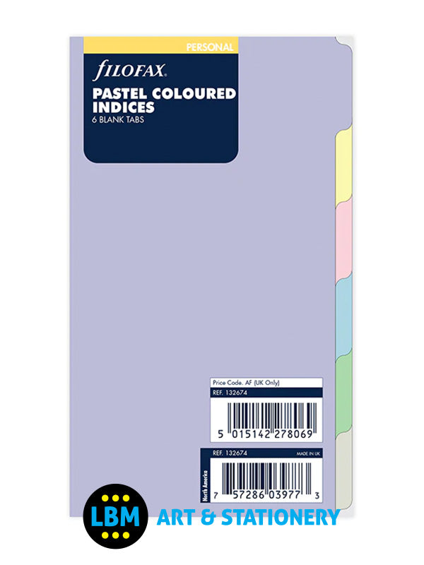 Filofax - Personal size Pastel Coloured 6 Blank Tabs Indices Insert Refill 132674 - LBM Art & Stationery Store