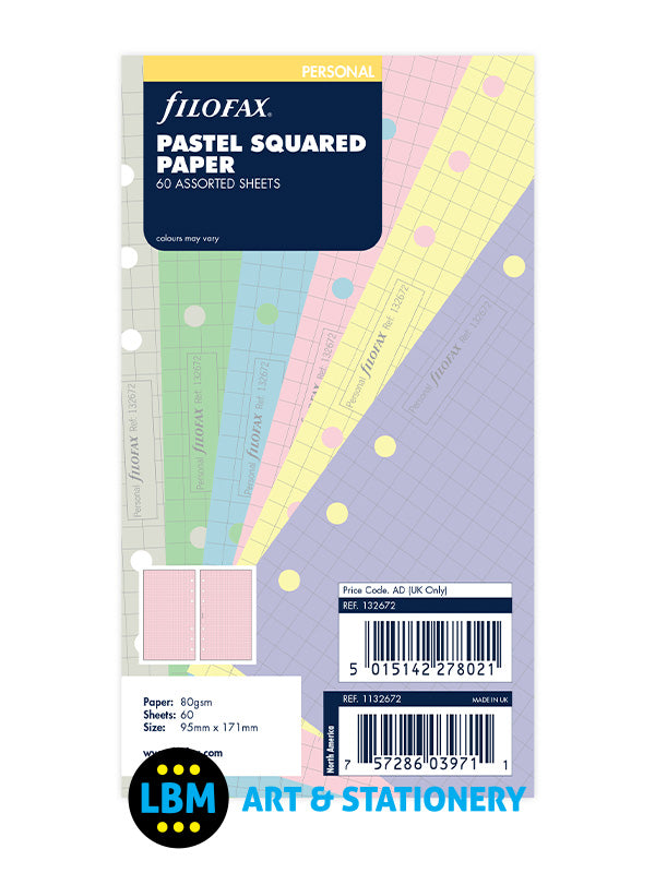 Filofax - Personal size Pastel Squared Paper Assorted Colours Insert Refill 132672 - LBM Art & Stationery Store