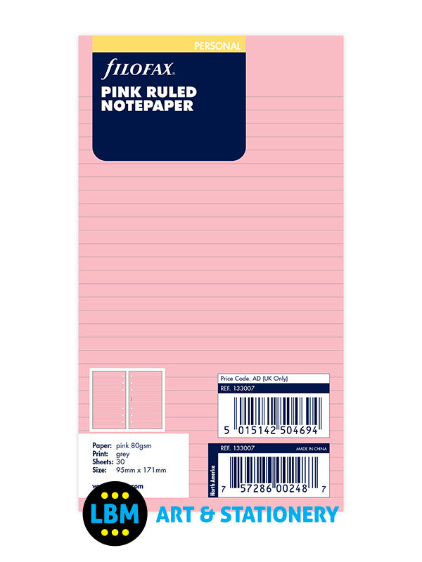 Filofax - Personal size Pink Ruled Notepaper Organiser Refill 133007 - LBM Art & Stationery Store