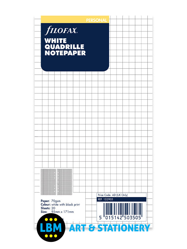 Filofax - Personal size White Quadrille Squared Notepaper Refill 132905 - LBM Art & Stationery Store