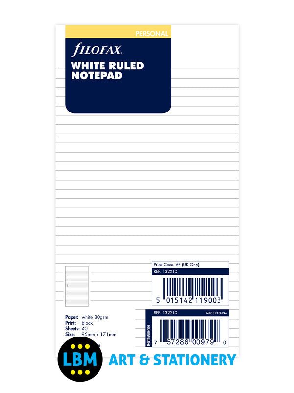 Filofax - Personal size White Ruled Lined Notepad Organiser Refill 132210 - LBM Art & Stationery Store