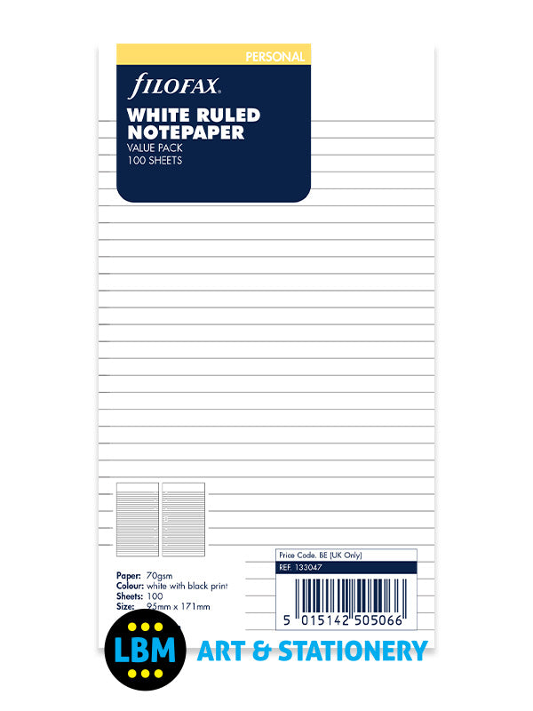 Filofax - Personal size White Ruled Lined Notepaper Value Pack Refill 133047 - LBM Art & Stationery Store