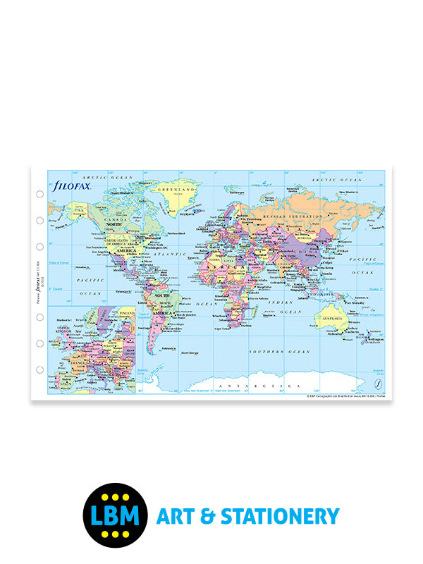 Filofax - Personal size World Map Political & Time Zones Insert Refill 131904 - LBM Art & Stationery Store
