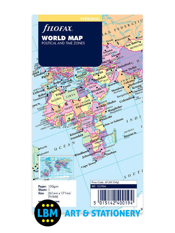 Filofax - Personal size World Map Political & Time Zones Insert Refill 131904 - LBM Art & Stationery Store