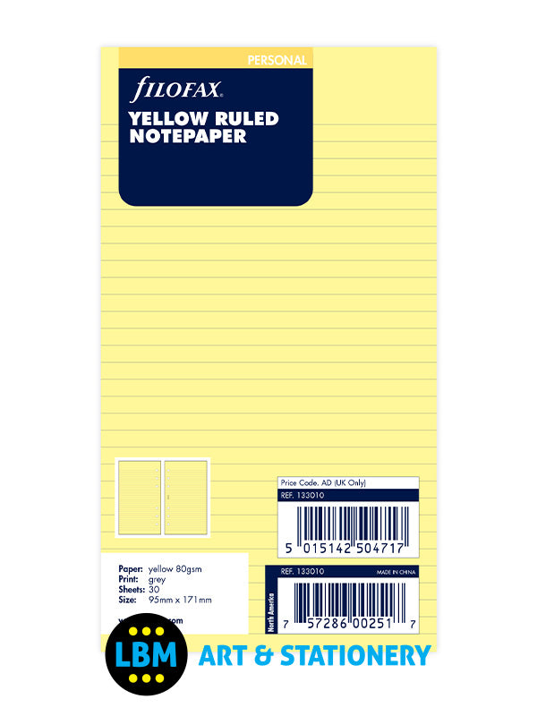 Filofax - Personal size Yellow Ruled Lined Notepaper Organiser Refill 133010 - LBM Art & Stationery Store