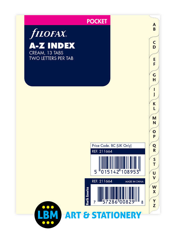 Filofax - Pocket size A-Z Alphabetical Index Cream Divider Refill 211664 - LBM Art & Stationery Store