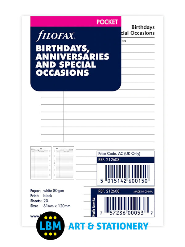 Filofax - Pocket size Birthdays Anniversaries & Special Occasions Insert 212608 - LBM Art & Stationery Store