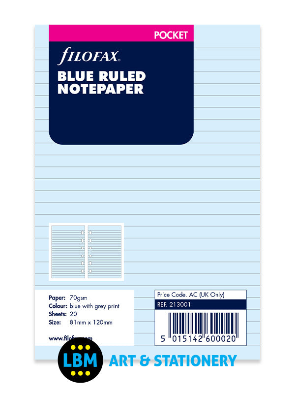 Filofax - Pocket size Blue Ruled Lined Notepaper Sheets Organiser Refill 213001 - LBM Art & Stationery Store