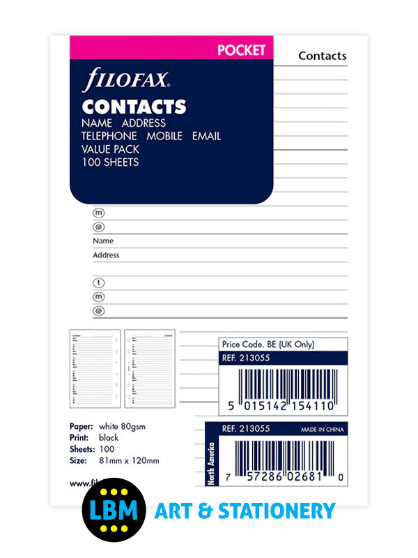 Filofax - Pocket size Contacts Name Address Telephone Refill Value Pack 213055 - LBM Art & Stationery Store