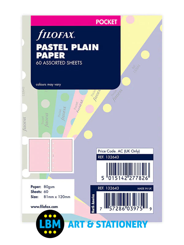Filofax - Pocket size Pastel Plain Paper Assorted Colours Insert Refill 132643 - LBM Art & Stationery Store